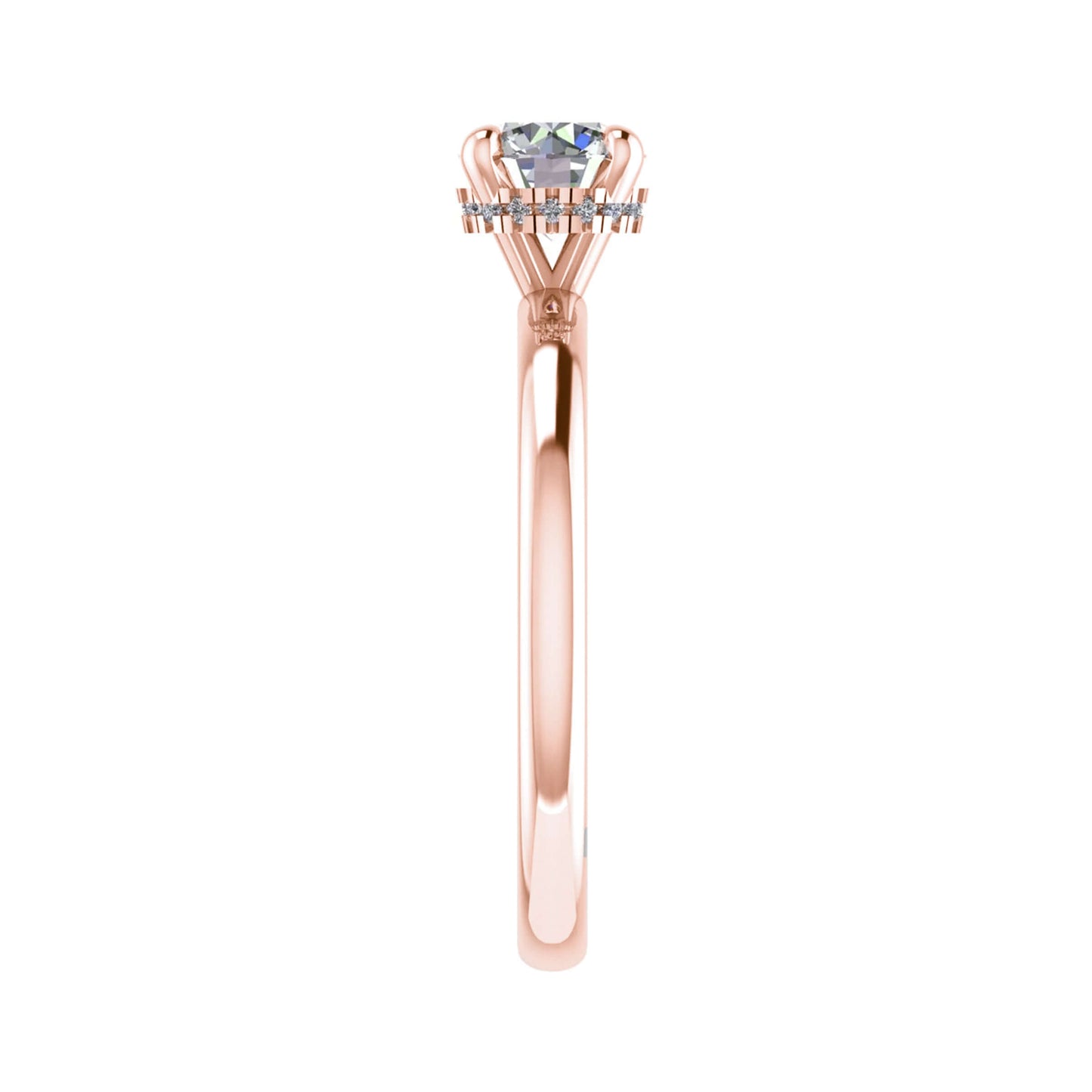 side angle luxury round lab grown diamond rose gold solitaire hidden halo trilogy engagement ring