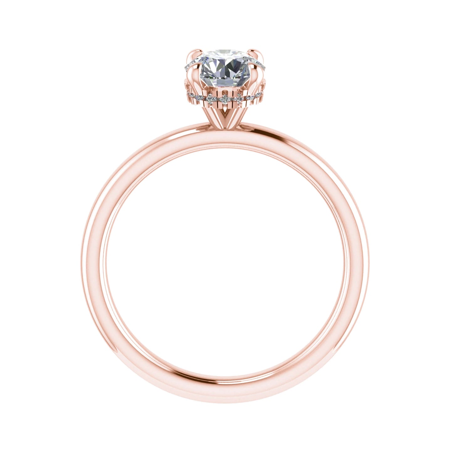 side view luxury round rose gold solitaire hidden halo lab grown diamond engagement ring