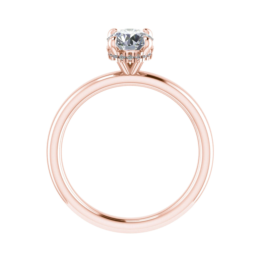 side view luxury round rose gold solitaire hidden halo lab grown diamond engagement ring