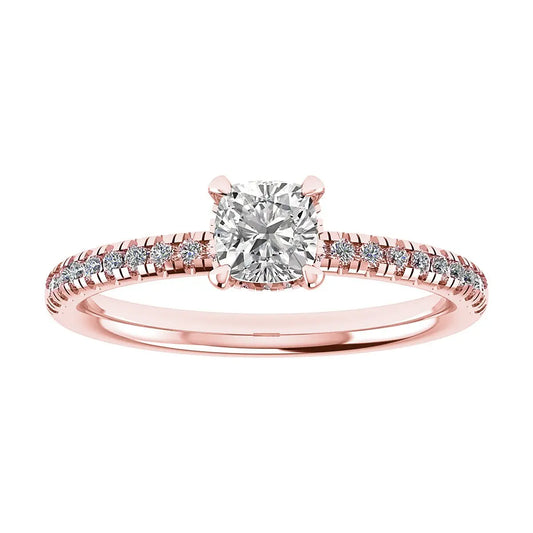 luxury cushion rose gold diamond set shoulders hidden halo lab grown diamond engagement ring