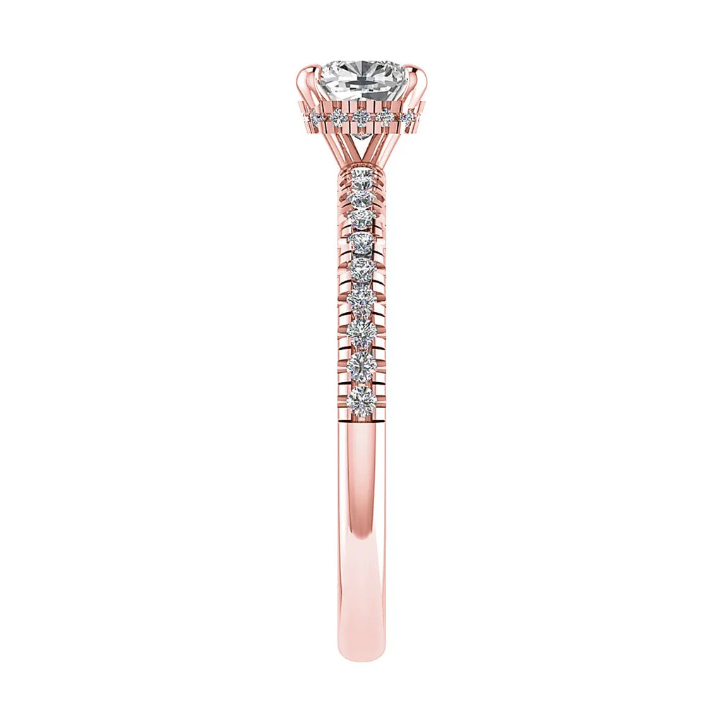 luxury cushion rose gold diamond set shoulders hidden halo lab grown diamond engagement ring white background