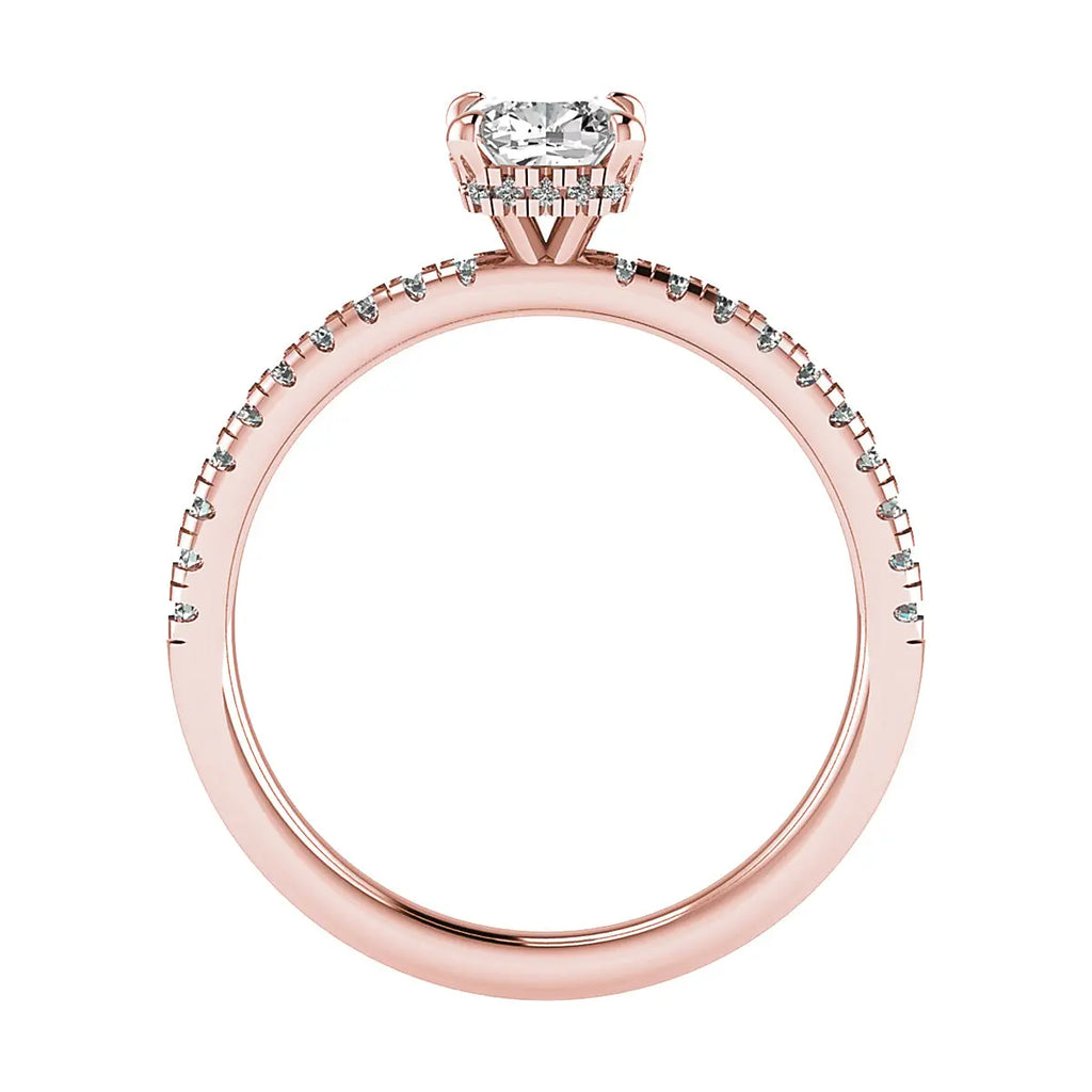 side image of luxury cushion rose gold diamond set shoulders hidden halo lab grown diamond engagement ring
