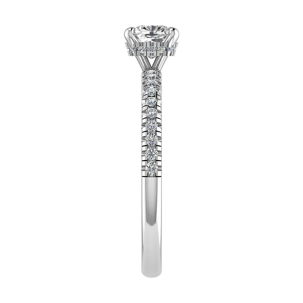 image of luxury cushion platinum diamond set shoulders hidden halo lab grown diamond engagement ring