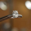 front image luxury oval platinum diamond set shoulders hidden halo lab grown diamond engagement ring