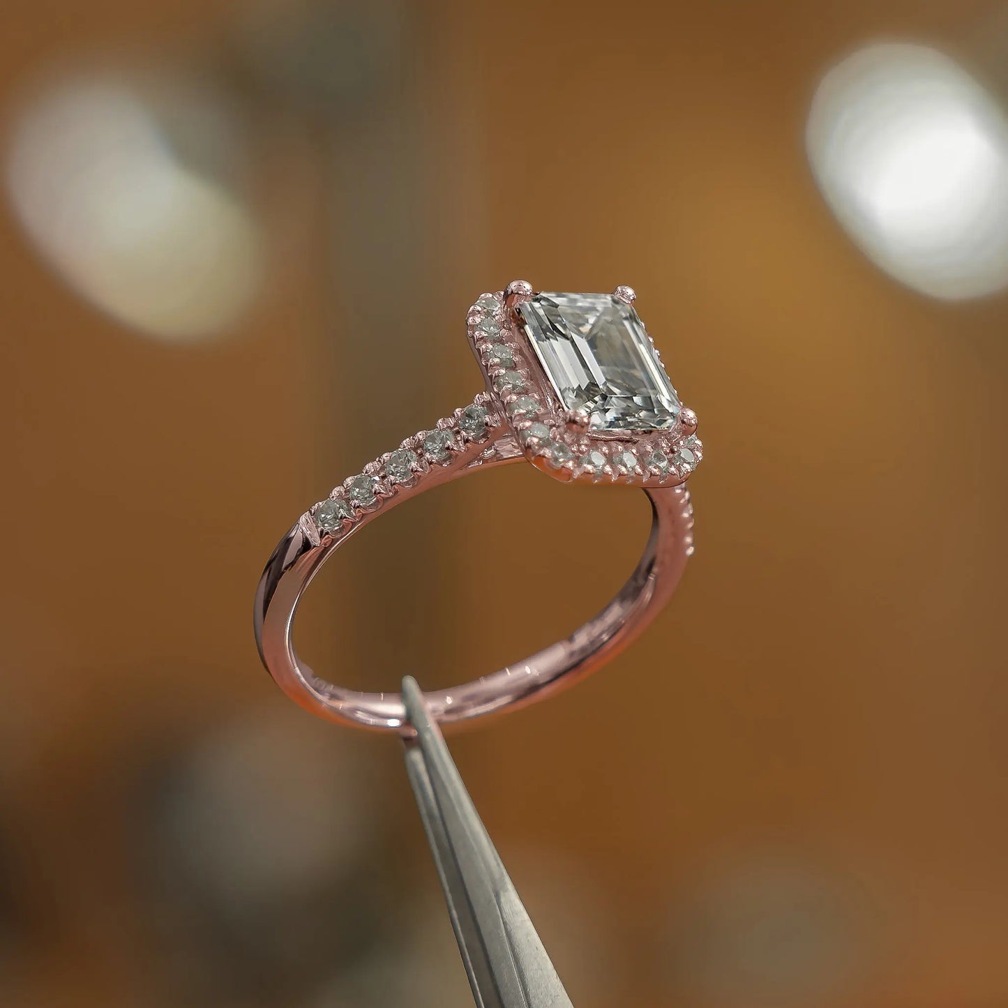 side image of emerald luxury rose gold halo lab grown diamond engagement ring