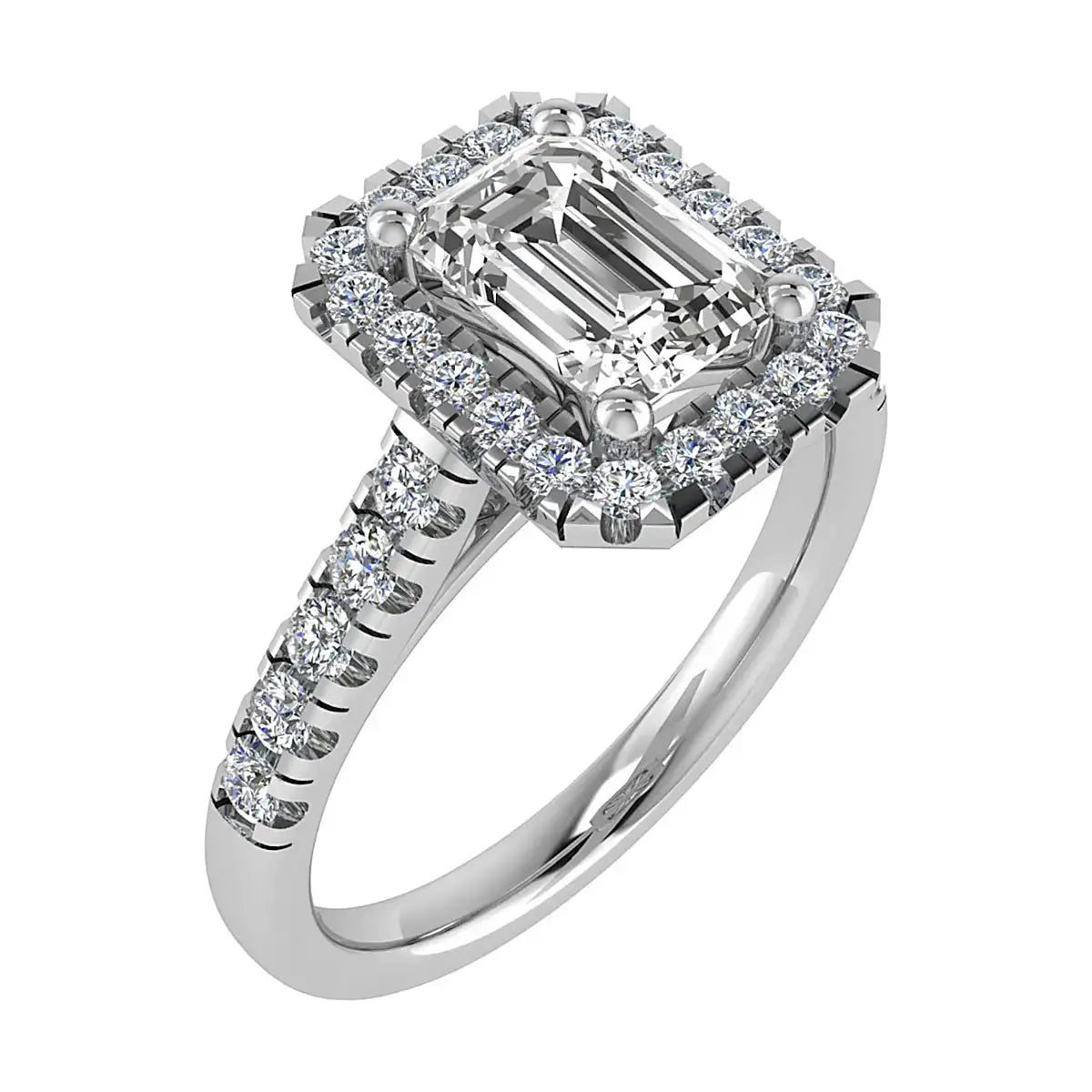 frontal side view luxury emerald white gold diamond halo lab grown diamond engagement ring