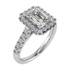 frontal side view luxury emerald white gold diamond halo lab grown diamond engagement ring