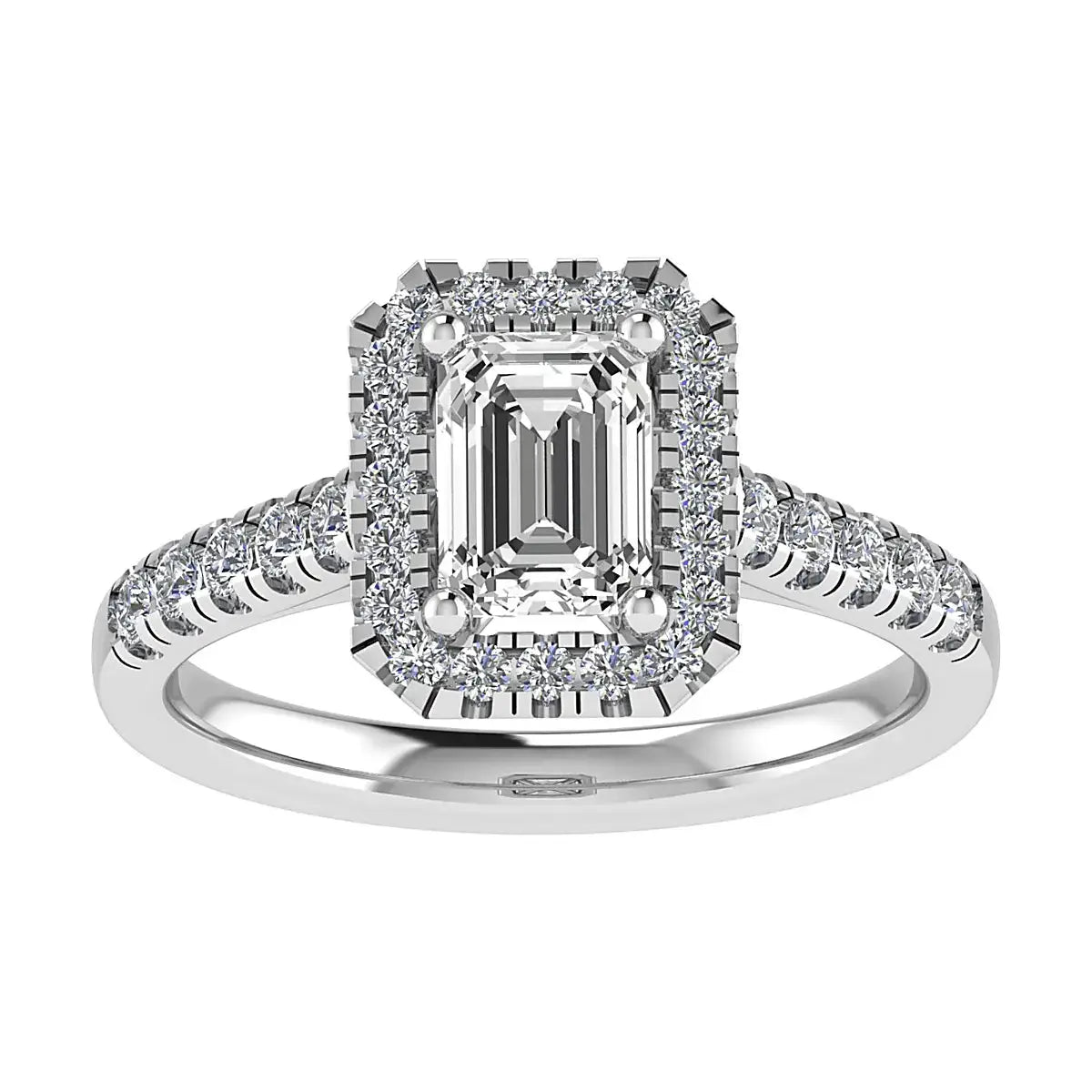 frontal view luxury emerald white gold diamond halo lab grown diamond engagement ring