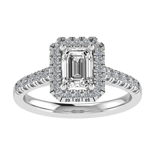 frontal view luxury emerald white gold diamond halo lab grown diamond engagement ring