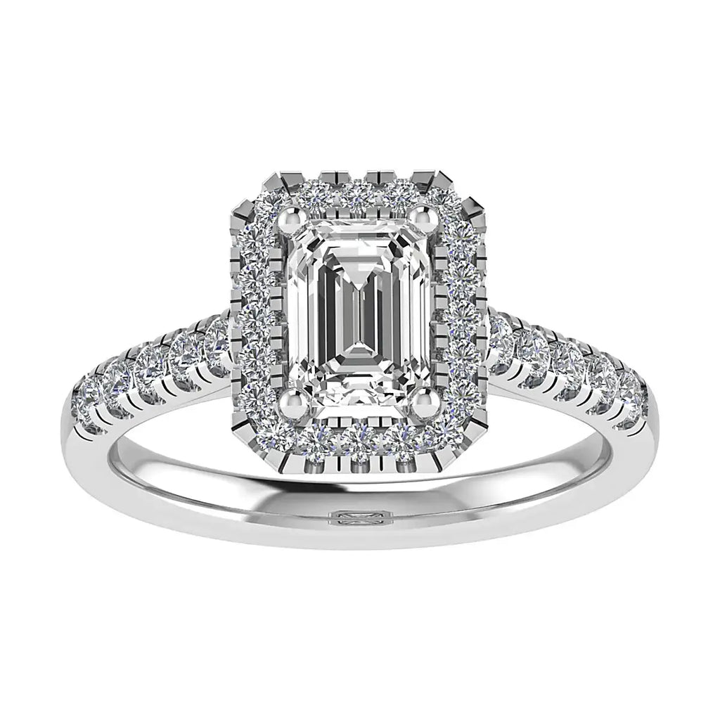 frontal view luxury emerald white gold diamond halo lab grown diamond engagement ring