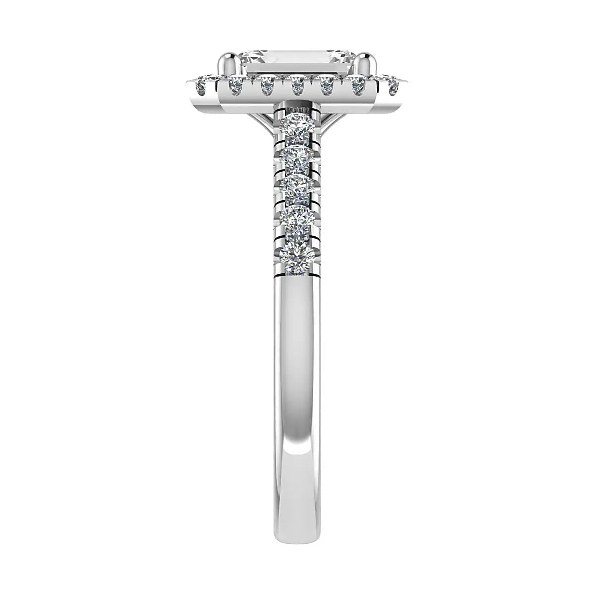 side angle luxury emerald white gold diamond halo lab grown diamond engagement ring