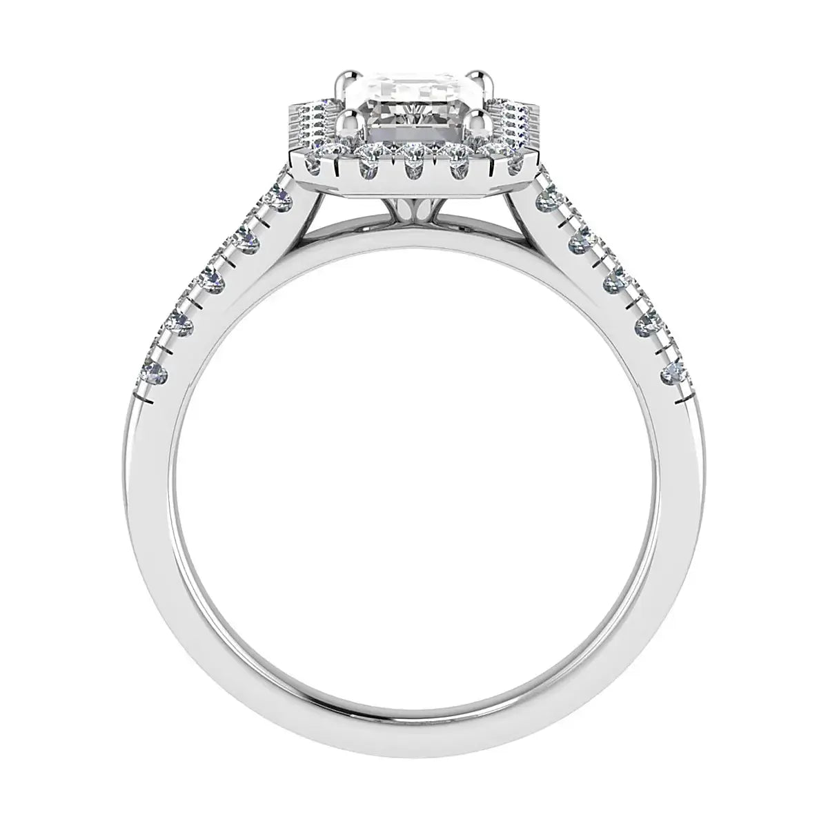 side view luxury emerald white gold diamond halo lab grown diamond engagement ring
