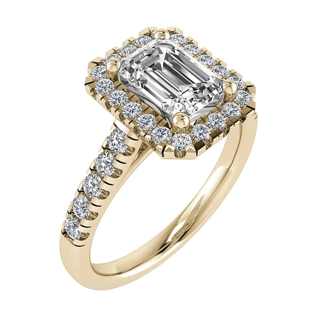 frontal side view luxury emerald yellow gold diamond halo lab grown diamond engagement ring