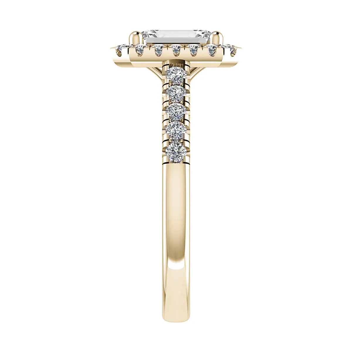 side angle luxury emerald yellow gold diamond halo lab grown diamond engagement ring
