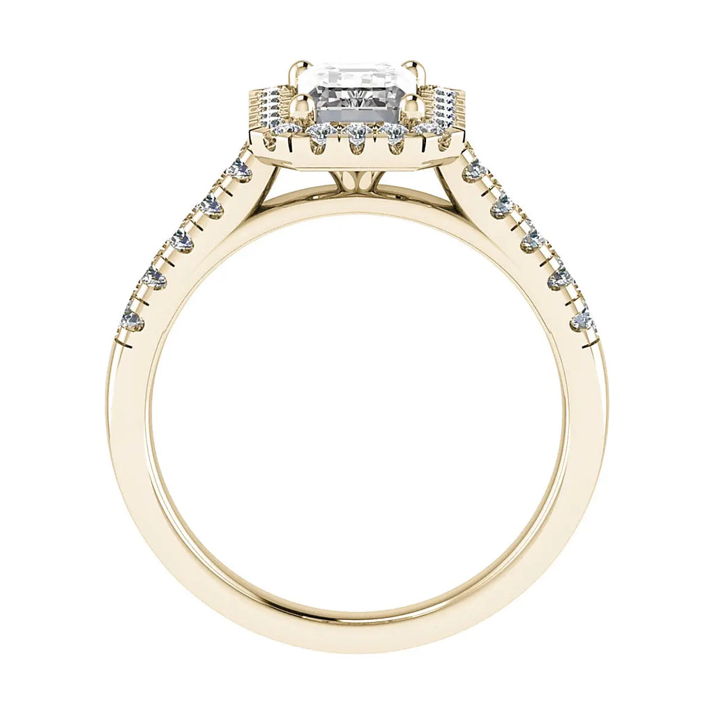 side view luxury emerald yellow gold diamond halo lab grown diamond engagement ring