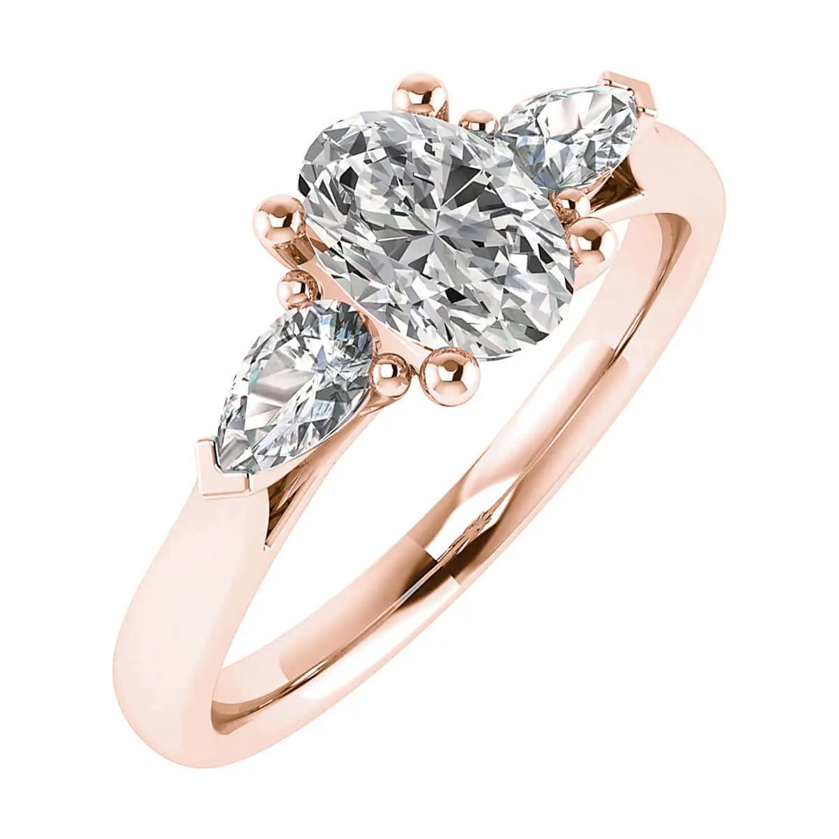 frontal view luxury round rose gold diamond trilogy lab grown diamond engagement ring