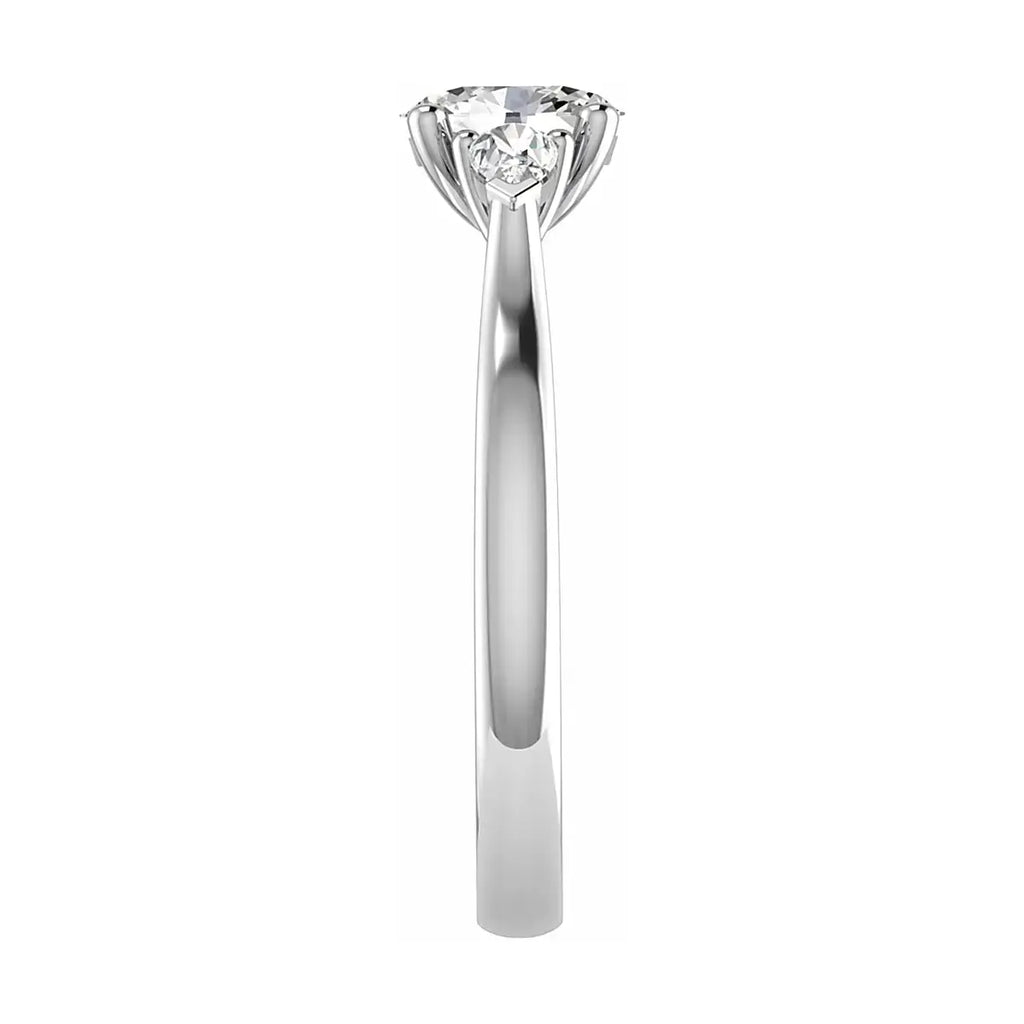side angle luxury oval platinum trilogy lab grown diamond engagement ring