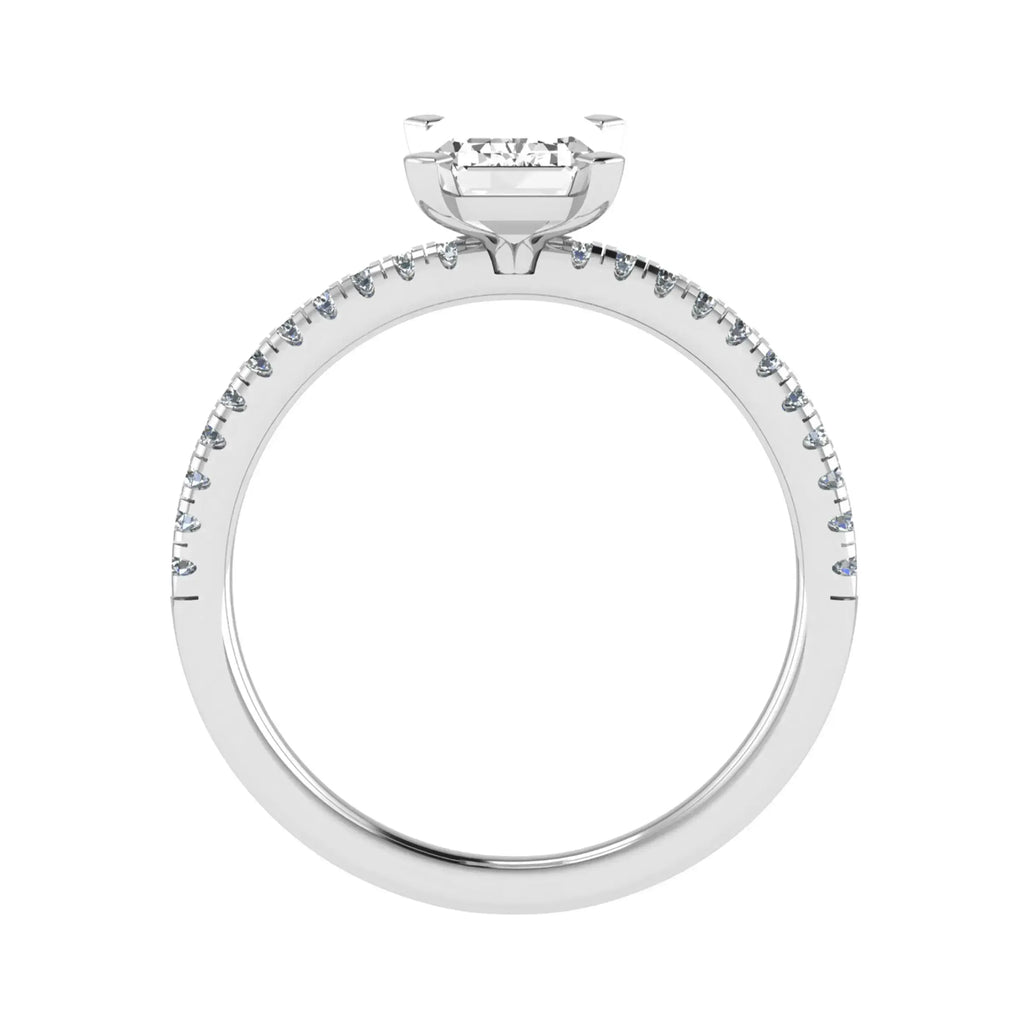 side view of luxury emerald platinum diamond set shoulders lab grown diamond engagement ring
