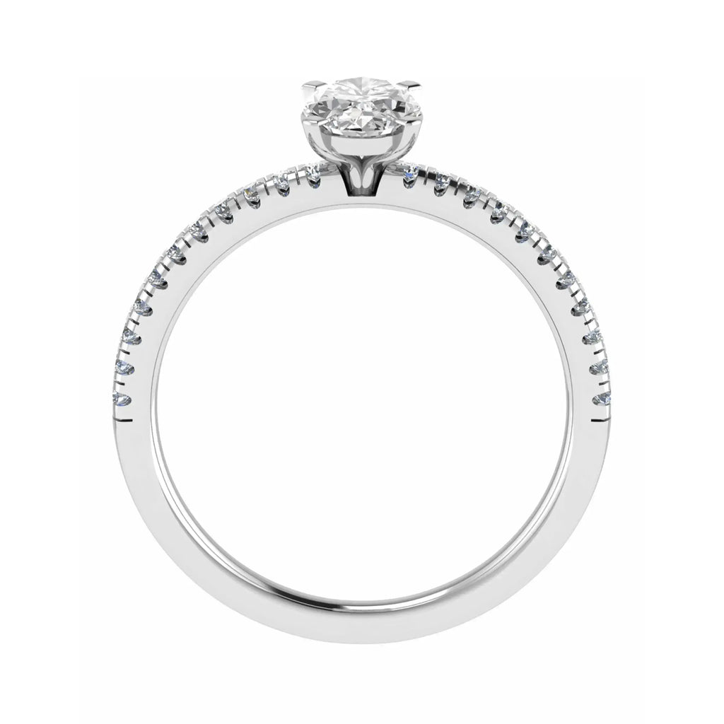 side view of luxury oval platinum diamond set shoulders lab grown diamond engagement ring