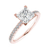 frontal side image of princess rose gold diamond set shoulders lab grown diamond engagement ring