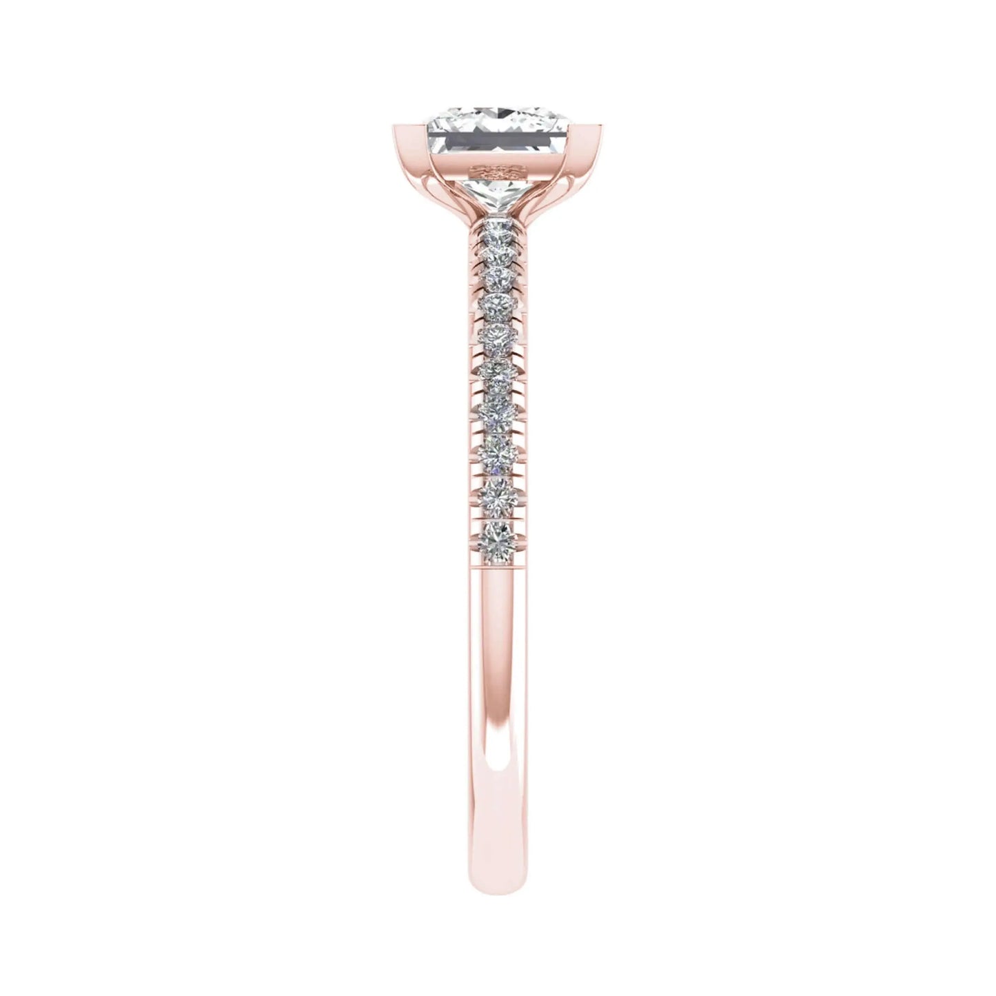 side view of luxury princess rose gold diamond set shoulders lab grown diamond engagement ring