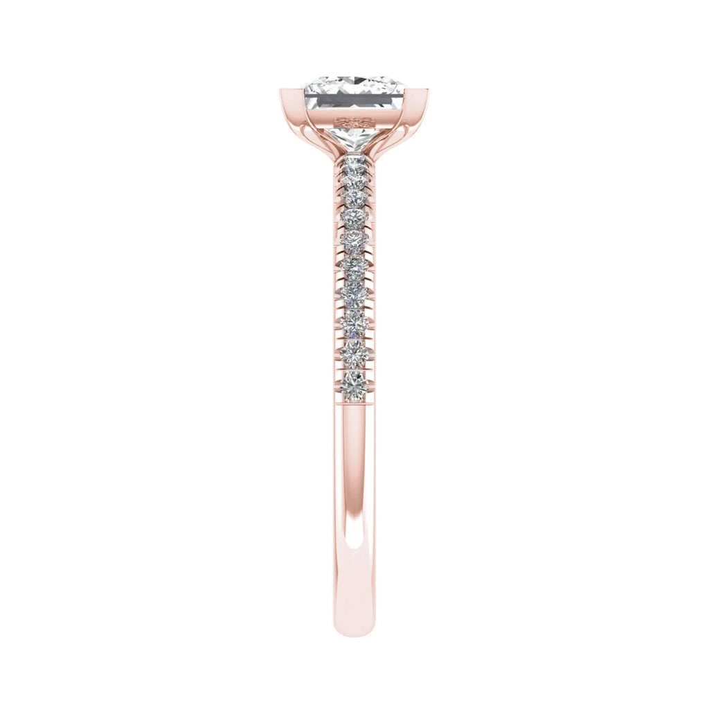 side view of luxury princess rose gold diamond set shoulders lab grown diamond engagement ring
