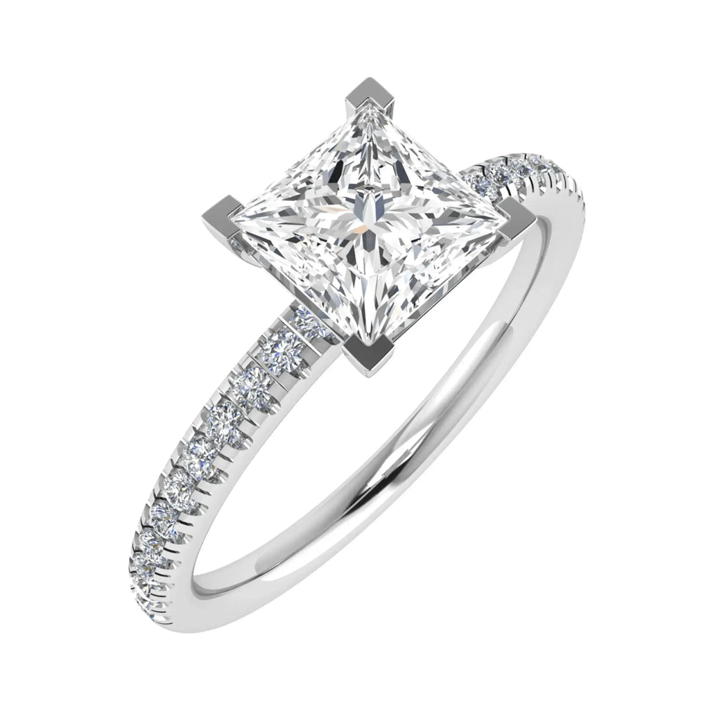 frontal side image of luxury princess white gold diamond set shoulders lab grown diamond engagement ring