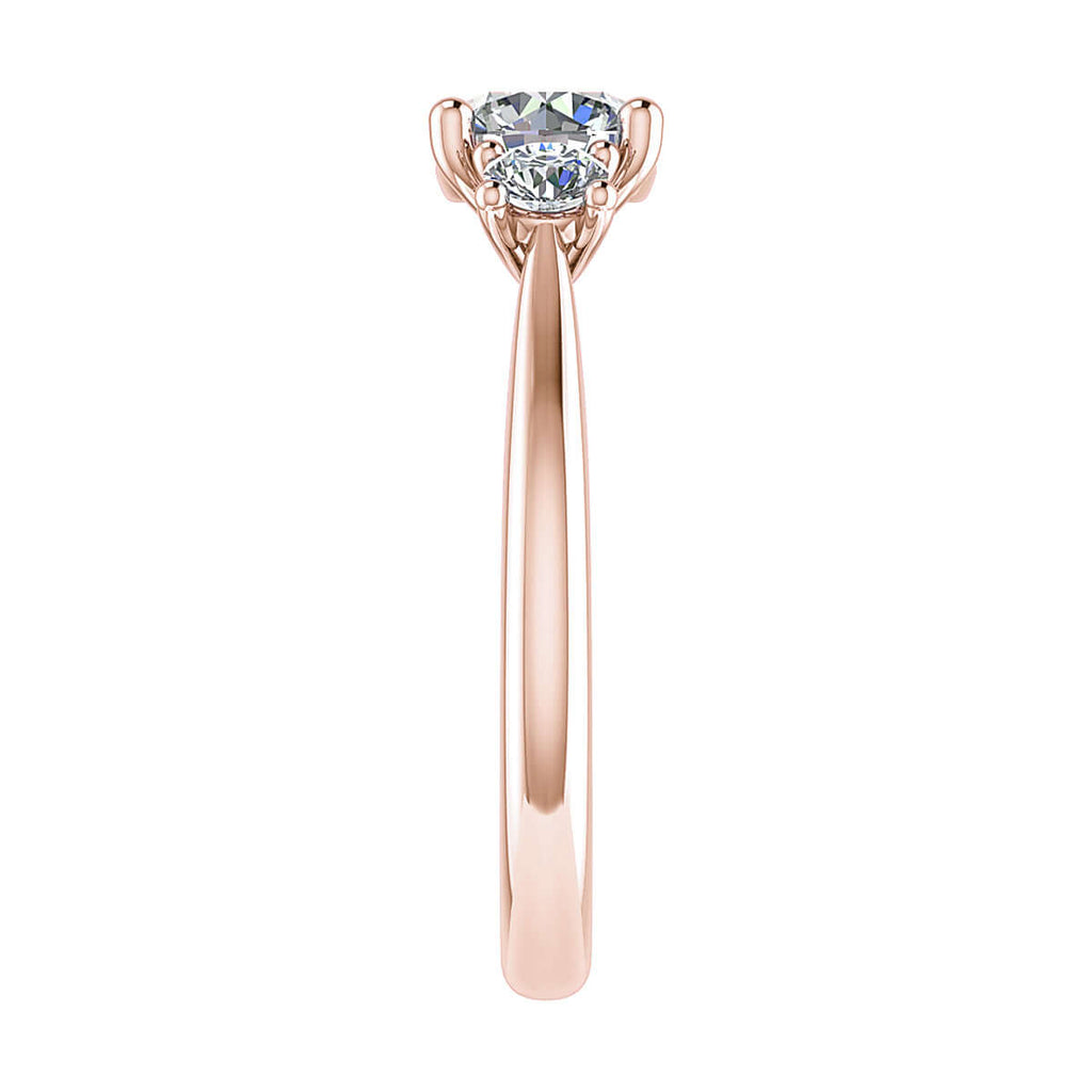 side angle luxury rose gold diamond trilogy round lab grown diamond engagement ring