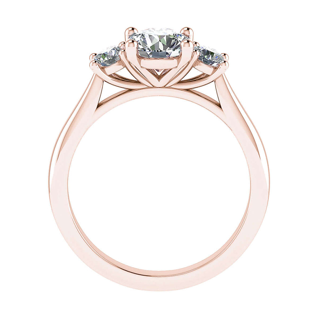 side view luxury rose gold diamond trilogy round lab grown diamond engagement ring