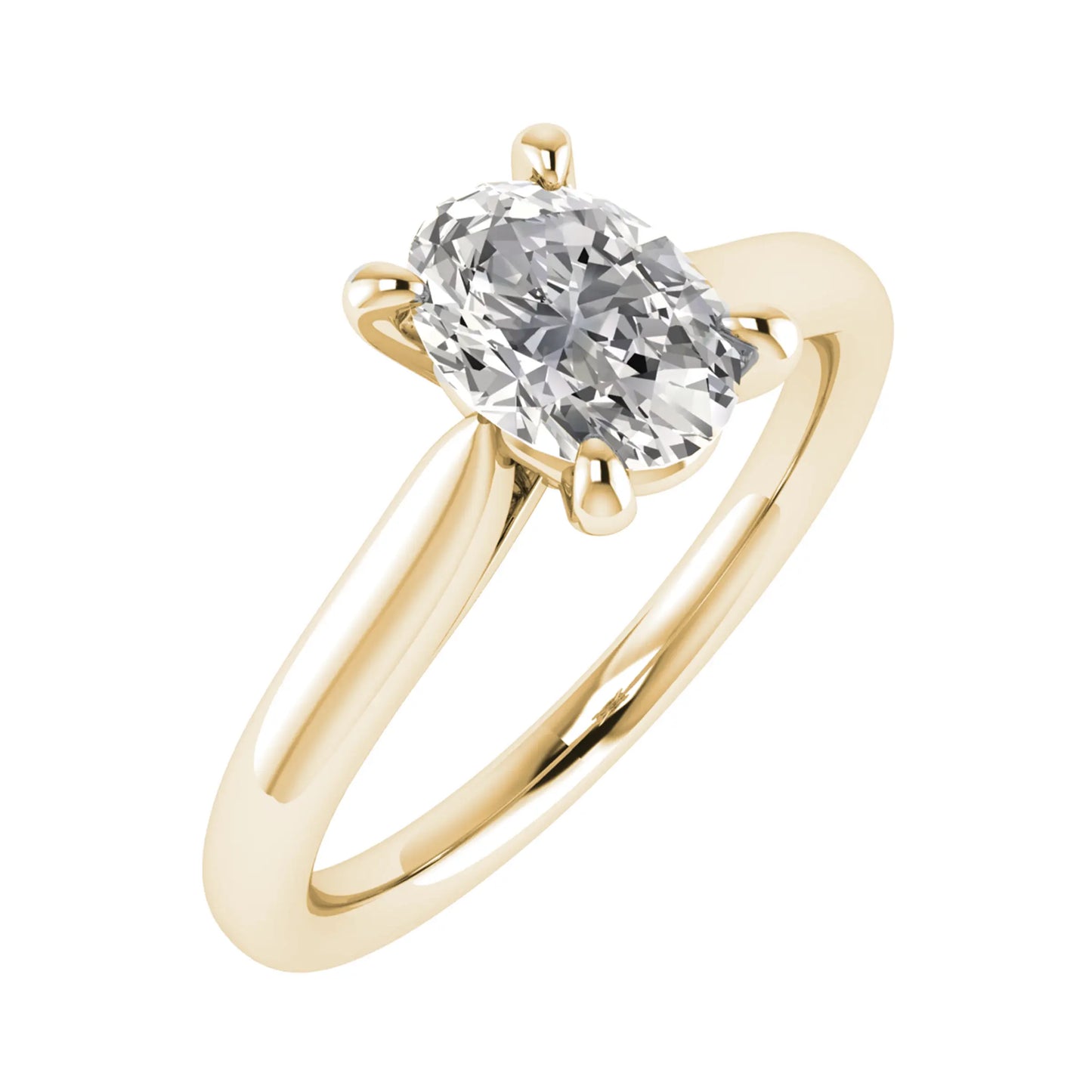 frontal side view of luxury oval yellow gold solitaire lab grown diamond engagement ring