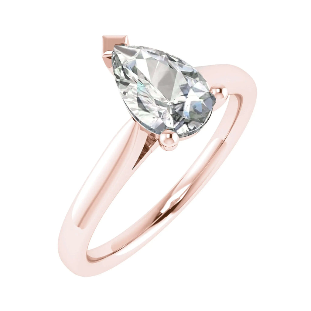 frontal side view of luxury pear rose gold solitaire lab grown diamond engagement ring