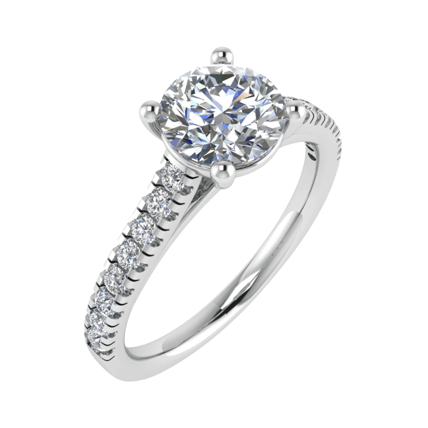 frontal view luxury round platinum diamond set shoulders lab grown diamond engagement ring