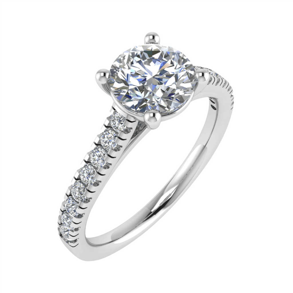frontal view luxury round platinum diamond set shoulders lab grown diamond engagement ring