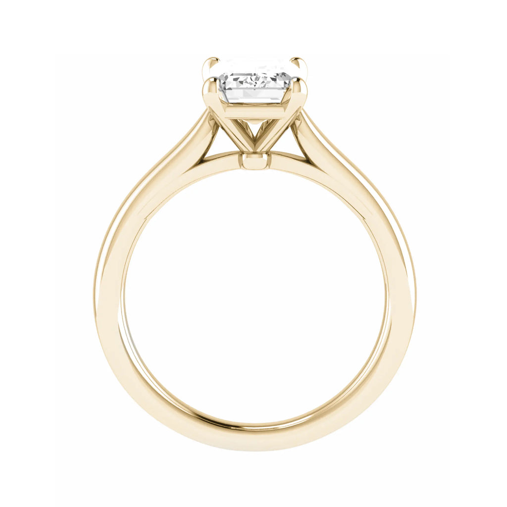 side angle of emerald yellow gold solitaire lab grown diamond engagement ring