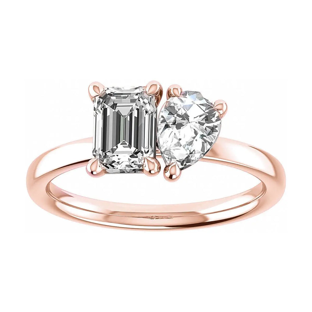 luxury emerald and pear rose gold lab grown diamond pair engagement ring