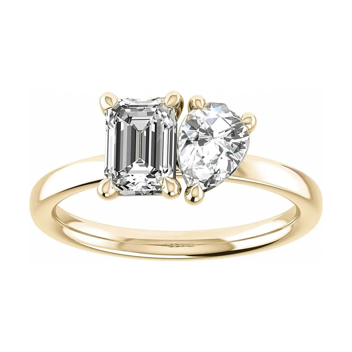 luxury emerald and pear yellow gold lab grown diamond pair engagement ring