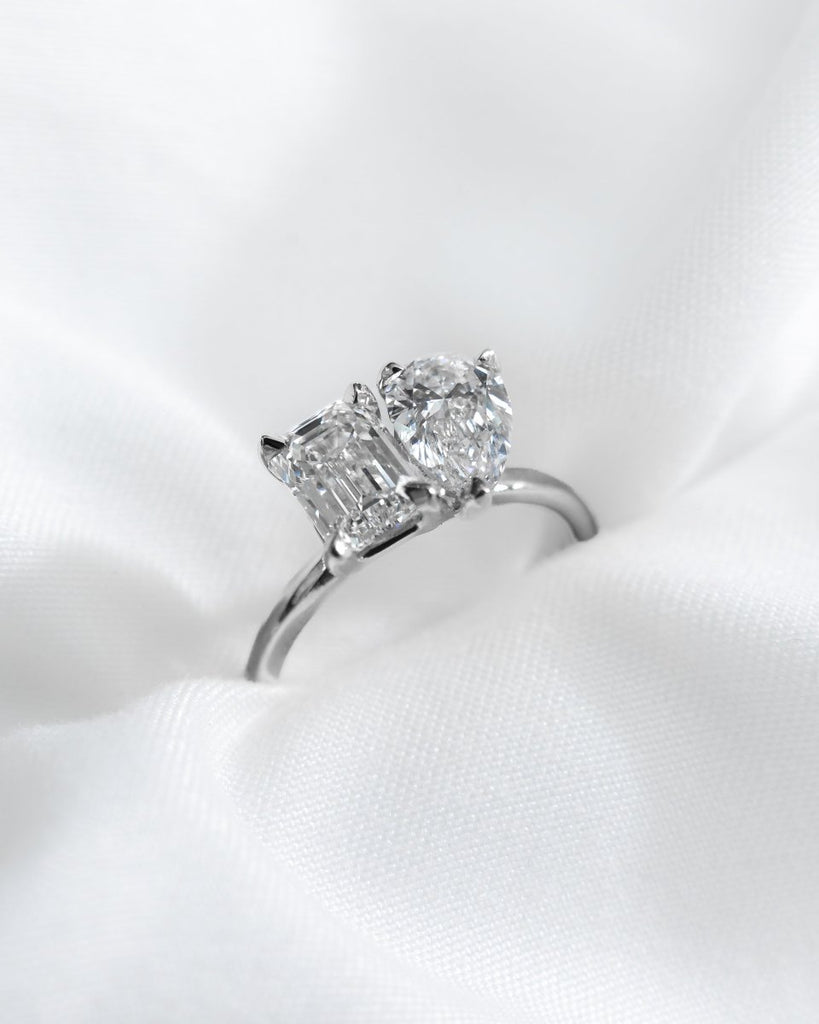 Emerald & Pear Platinum Lab Grown Diamond Pair Engagement Ring - Lester & Brown