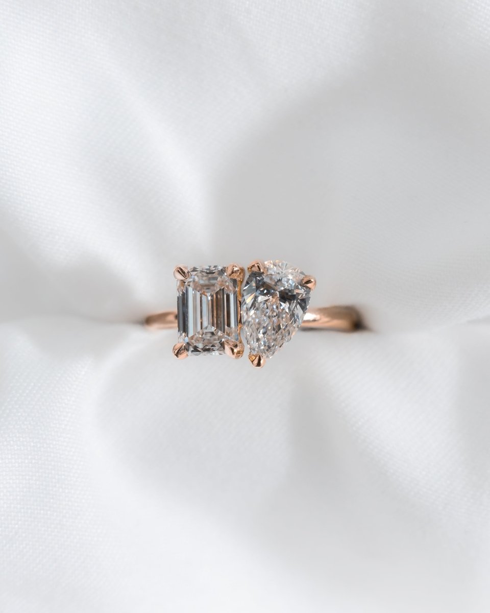 Emerald & Pear Rose Gold Lab Grown Diamond Pair Engagement Ring - Lester & Brown
