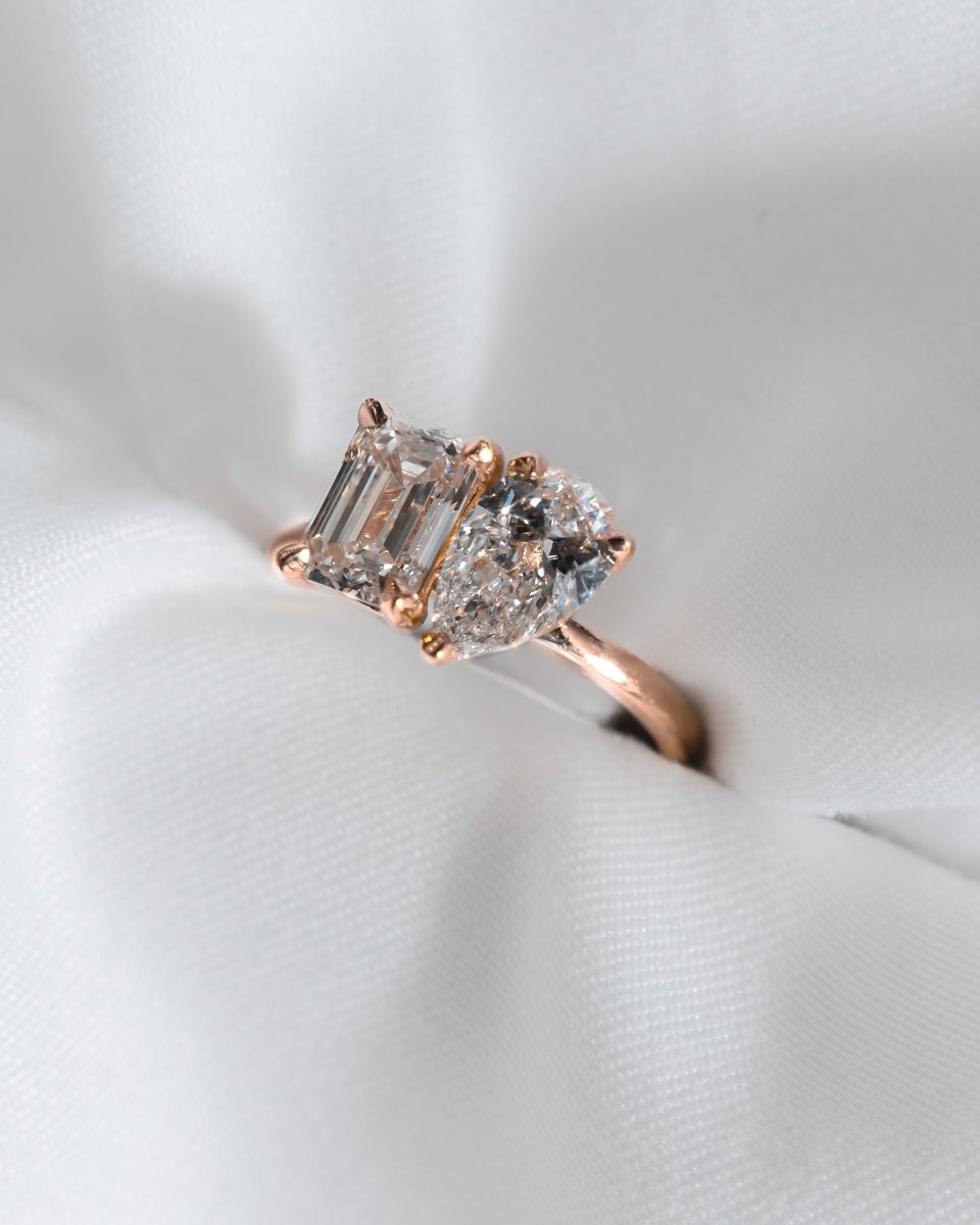 Emerald & Pear Rose Gold Lab Grown Diamond Pair Engagement Ring - Lester & Brown