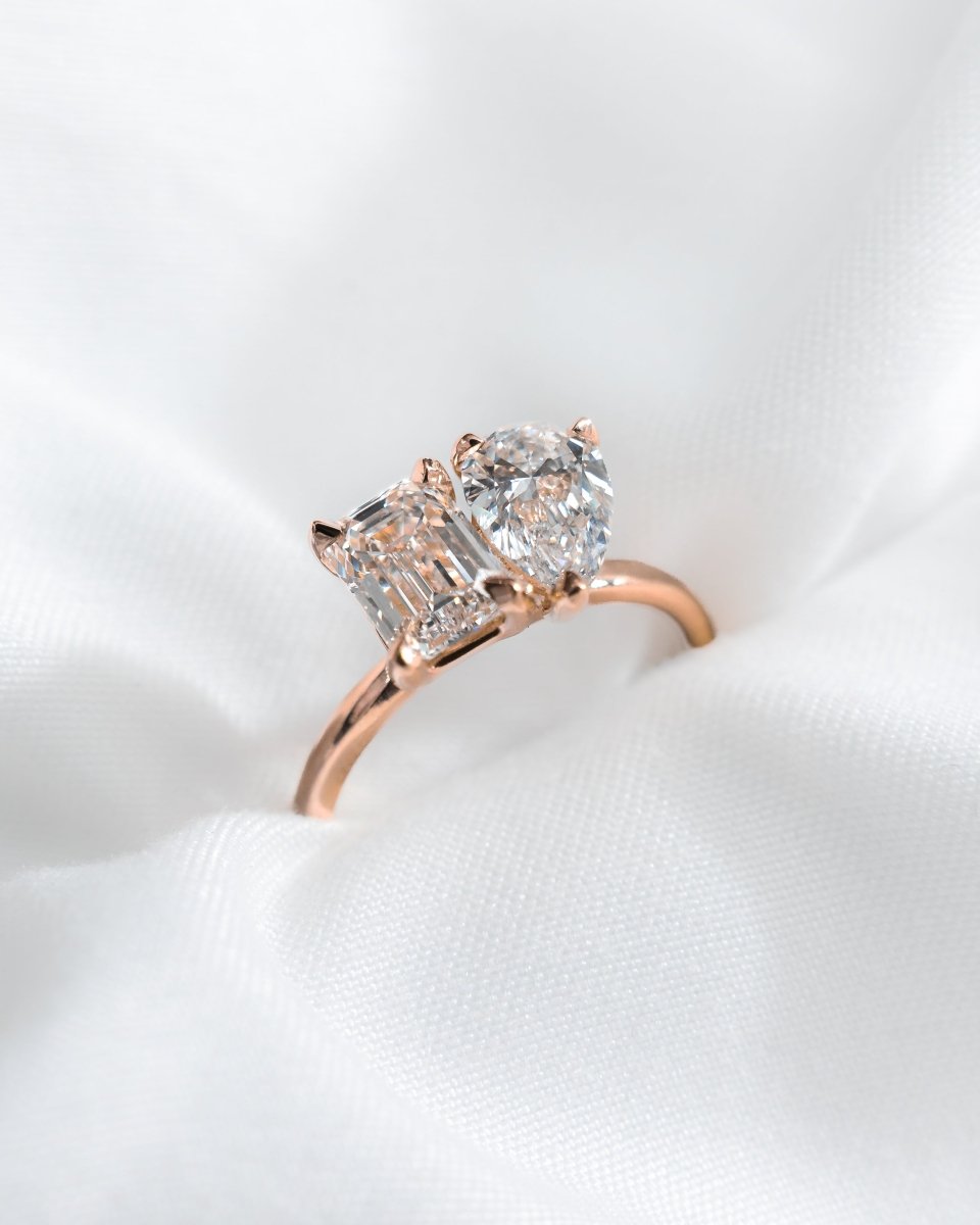 Emerald & Pear Rose Gold Lab Grown Diamond Pair Engagement Ring - Lester & Brown