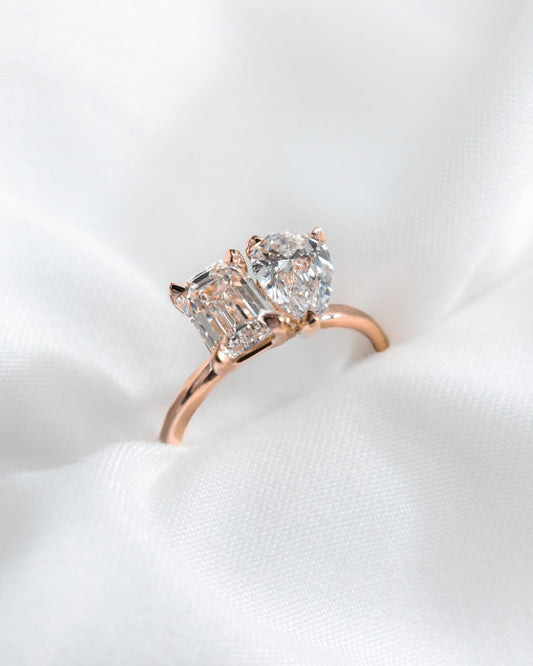 Emerald & Pear Rose Gold Lab Grown Diamond Pair Engagement Ring - Lester & Brown