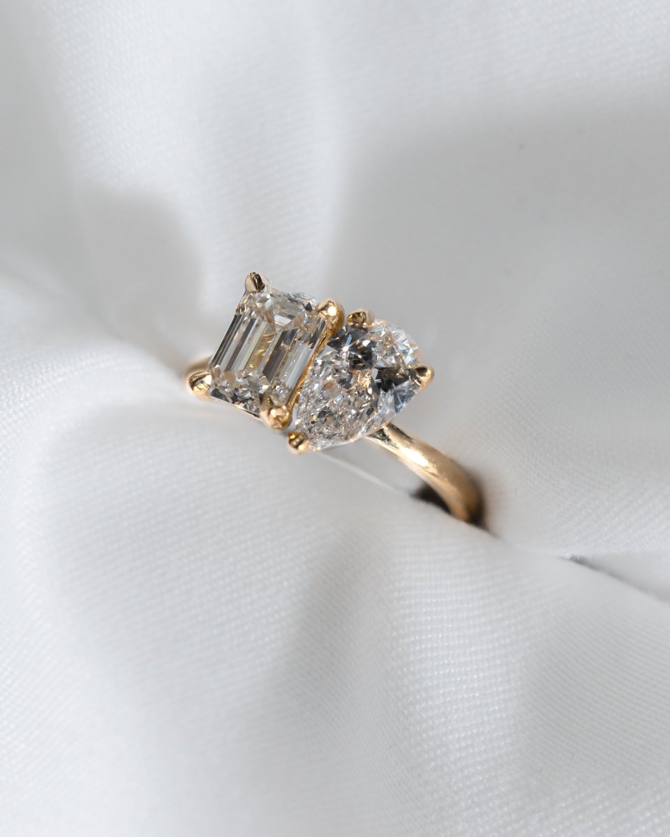 Emerald & Pear Yellow Gold Lab Grown Diamond Pair Engagement Ring - Lester & Brown