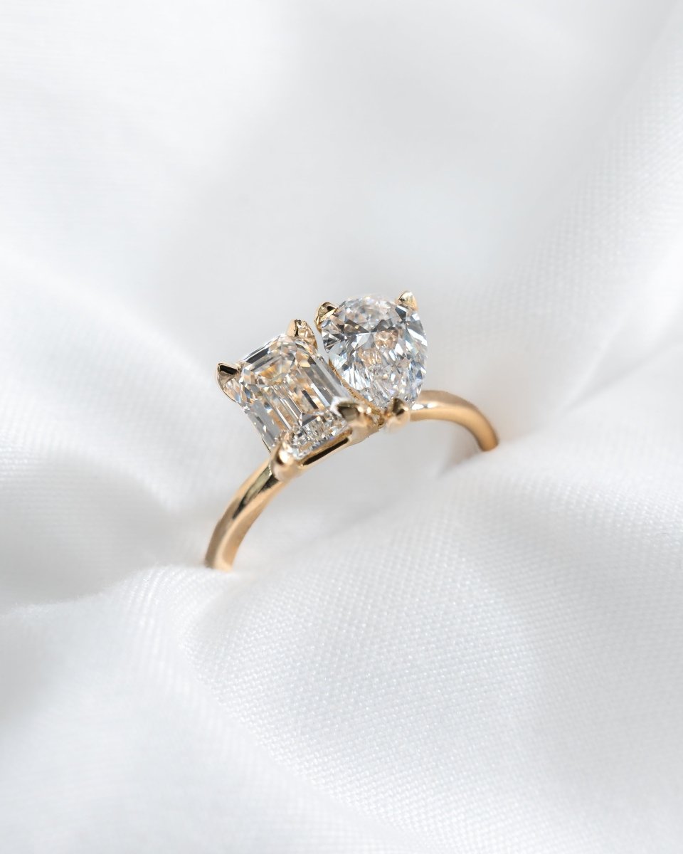 Emerald & Pear Yellow Gold Lab Grown Diamond Pair Engagement Ring - Lester & Brown