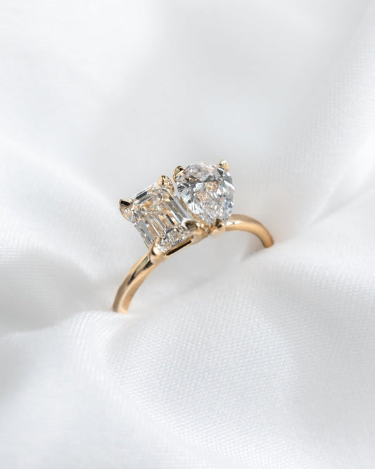 Emerald & Pear Yellow Gold Lab Grown Diamond Pair Engagement Ring - Lester & Brown