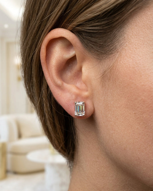Emerald-cut stud earrings — Luxury Bridal Jewelry Close-up | Generated by Modelize