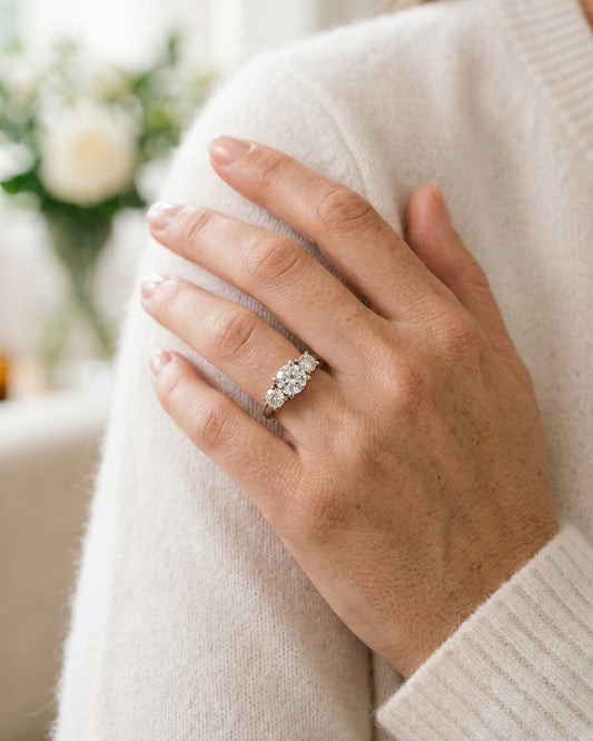 Three-stone diamond ring — Luxury Bridal Jewelry Close-up | Generated by Modelize