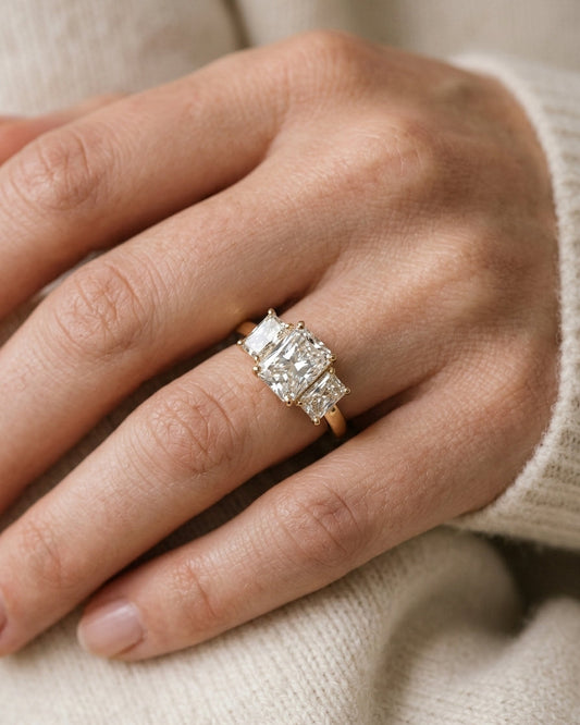 Three-stone ring — Luxury Bridal Jewelry Close-up | Generated by Modelize
