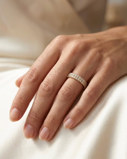 Double-row pavé diamond wedding band — Luxury Bridal Jewelry Close-up | Generated by Modelize