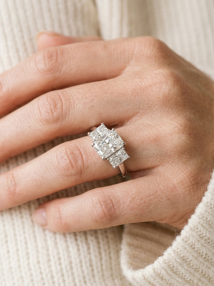 Three-stone diamond ring — Luxury Bridal Jewelry Close-up | Generated by Modelize