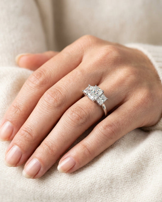 Three-stone diamond ring — Luxury Bridal Jewelry Close-up | Generated by Modelize
